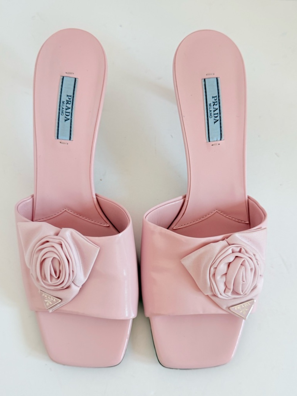 Prada Pink Rosette Triangle logo Square Toe slide Mule kitten Heels EU 39 US 9 - Picture 6 of 13